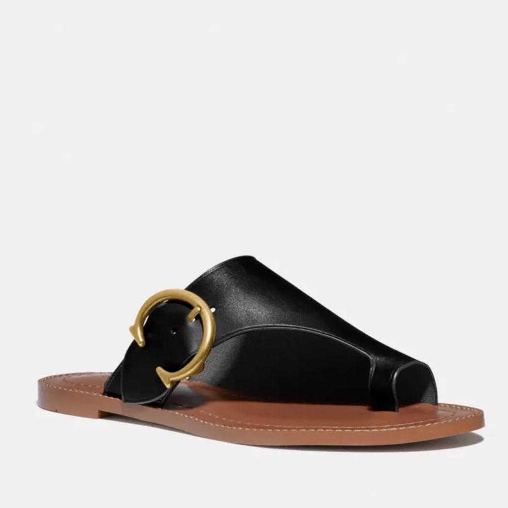 Coach Black Leather Luca Slide Sandals with Gold Buckle Women’s Size 10